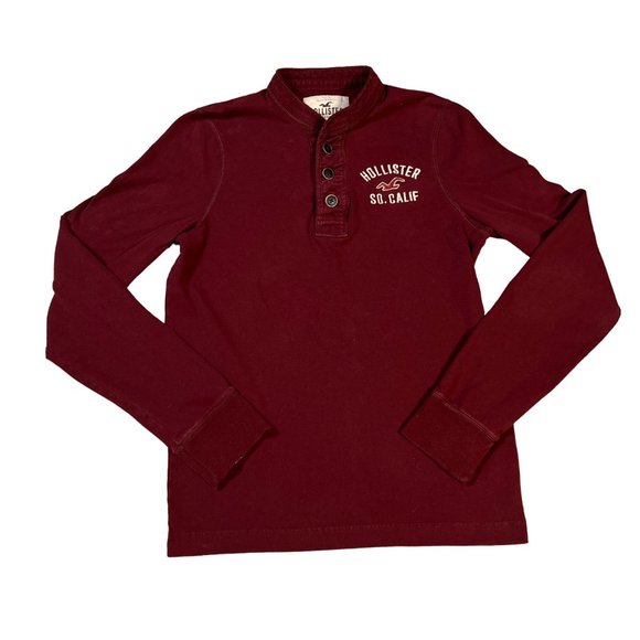 Hollister Shirt Women's Long Sleeve Quarter Button Up Embroidered Pullover Red M - Picture 1 of 13